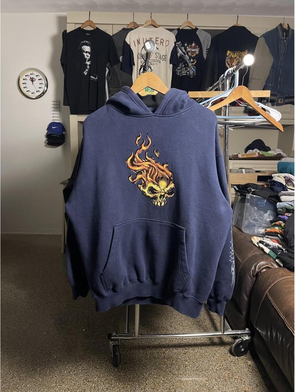 Y2K JNCO Flaming Skull Hoodie